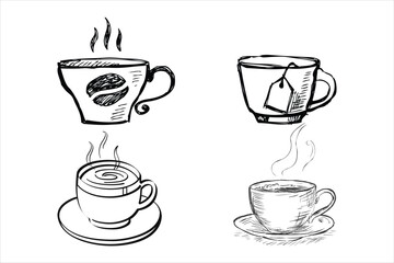 Tea cup icon vector set. Hot drinks coffee tea cups etc.  isolated hand-drawn vector art illustration