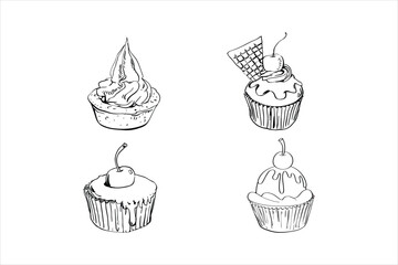 Cupcake hand-drawn black and white line art  vector illustration