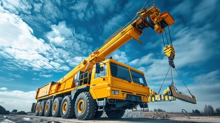 An automobile crane with a telescopic boom is set outdoor under a blue sky