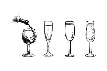 Hand-drawn champagne wine glass vector art illustration.