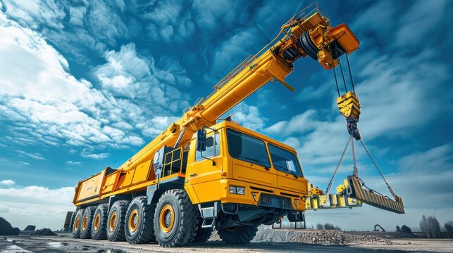 An automobile crane with a telescopic boom is set outdoor under a blue sky