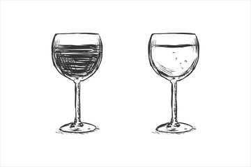 Wine glass hand-drawn with black outline sketch illustration 