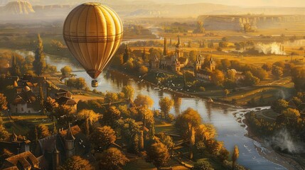 Obraz premium An oil painting depicting a hot air balloon adventure from a birds-eye view