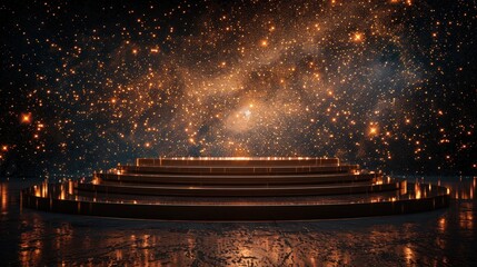 Obraz premium Black background with an abstract golden podium with sparkly accents. Stylish, modern, and futuristic design. Web Design, Digital Art, and Branding