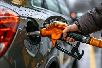 Detailed capture of motorist's hand refueling luxury petrol at self-serve gas station in European location. Premium image.
