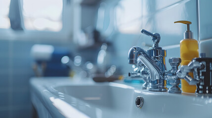 plumber tools and equipment in a bathroom, plumbing repair service, assemble and install concept