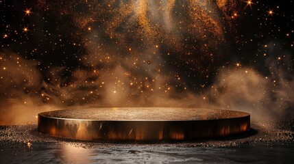 Obraz premium Black background with an abstract golden podium with sparkly accents. Stylish, modern, and futuristic design. Web Design, Digital Art, and Branding