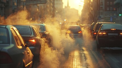 Air pollution from car exhaust smoke in city traffic, focusing on reducing global warming pollution and carbon dioxide from engine combustion
