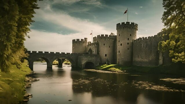 A Stone Castle With Drawbridge and Moat in Wales