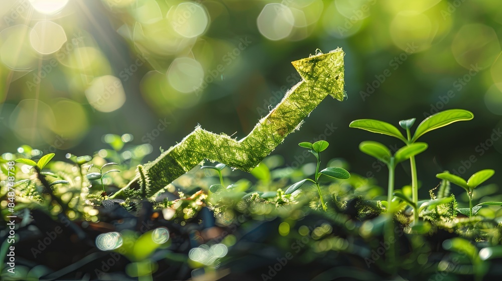 Poster a green arrow symbolizing the growing trend of sustainable investment rises in a forest setting, hig