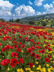 Obraz premium Vibrant display of crimson anemones and golden daisies on the southern edge of Israel, ideal for a tranquil spring picnic in beautiful conditions.