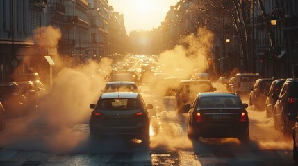 Fototapeta premium Air pollution from car exhaust smoke in city traffic, focusing on reducing global warming pollution and carbon dioxide from engine combustion