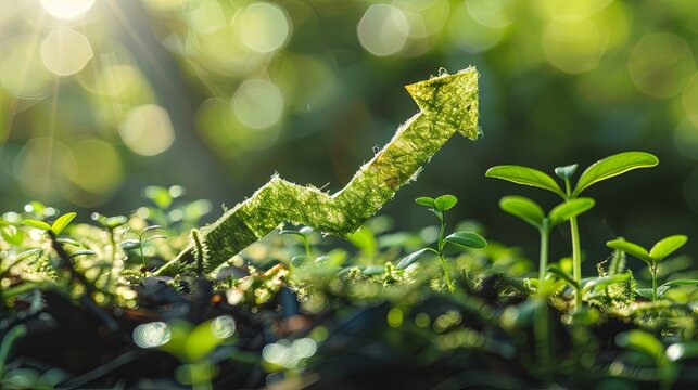 A green arrow symbolizing the growing trend of sustainable investment rises in a forest setting, highlighting the shift towards environmentally responsible investing. Generative AI