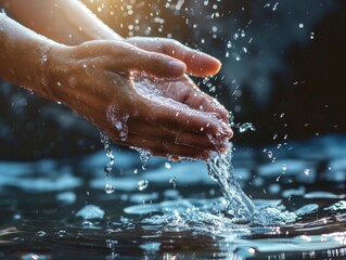 Fototapeta premium Hands cupping clear, flowing water outdoors, with droplets sparkling in the sunlight. Water conservation theme.