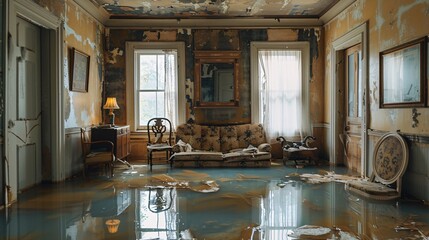 Documentary Photography style, rooms with floors submerged in water, extensive water damage visible to the interior, showcasing the urgent need for repair and restoration services