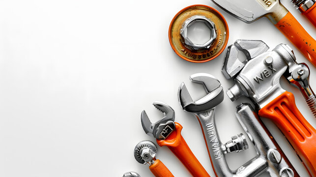 plumbing tools and equipment on white background with copy space