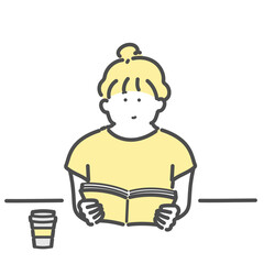 カフェで読書をする女性イラスト