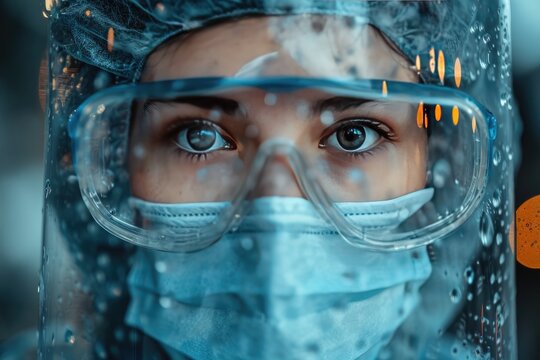 Man experienced doctor surgeon, epidemiologist in protective mask and goggles. Scientist researcher in a laboratory. Close-up portrait, double exposure.
