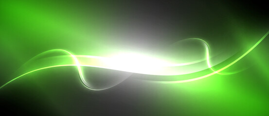 Neon glowing circle rays, light round lines in the dark, planet style neon wave lines. Energetic electric concept design for wallpaper, banner, background