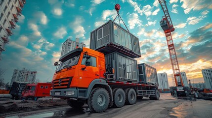 A crane truck transports mobile office buildings or container site offices to construction sites, assisting in the mobilization of projects
