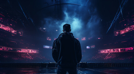A deserted esports arena with a single player lost in thought, dark tones and muted lighting, Illustration, Melancholic.