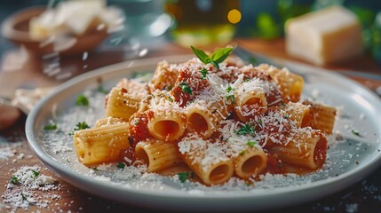 Classic Italian pasta made with tangy tomato sauce and savory cheese, served with rigatoni.