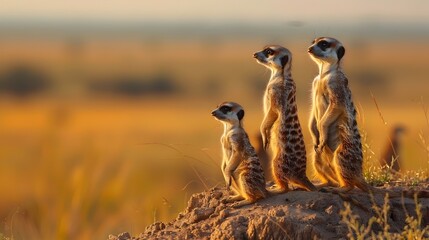 Vigilant Meerkats on Alert Scanning the Horizon in the Savanna