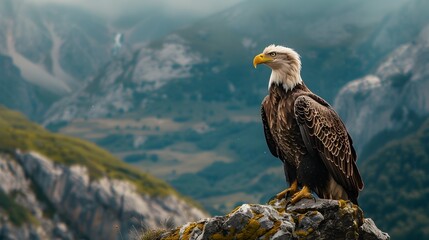 Majestic Bald Eagle Perched Amidst Mountainous Landscape
