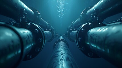 Elegant subsea pipelines for transferring natural resources, with a minimalistic design, against a deep blue marine backdrop, illustrating the idea of industrial underwater structures. 3D Visual.