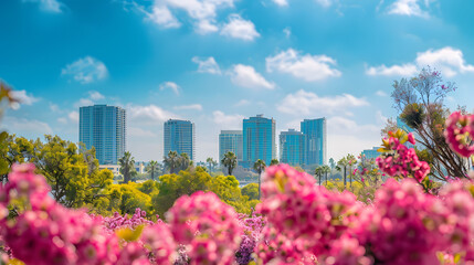 Springtime view of the Costa Mesa, California skyline
