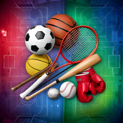 Set of sport equipment on floor near color wall 