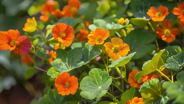 A of nasturtium flowers on a vine attracting predatory insects to help control pest populations.