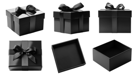 Set of black gift present square box with bow ribbon on transparent cutout PNG file. Mockup template for artwork design. perspective open close top side flat lay view positions many different angle