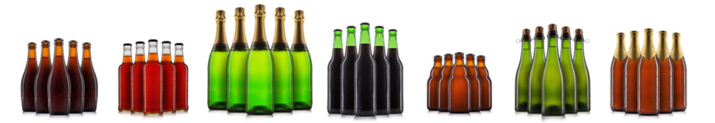 Set of bottle of beer or cider isolated on white background