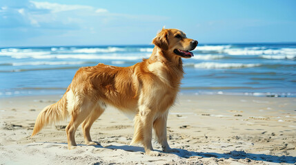 Side view of Golden Retriever on beach, sand, waves, clear sky, high contrast midday lighting.