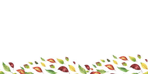 Orange and yellow autumn wild leaves. Watercolor seamless border on white background. Hand drawn illustration. Thanksgiving composition.