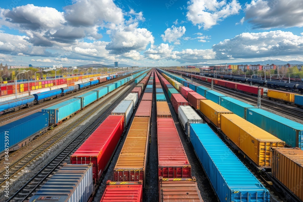 Wall mural aerial view of cargo trains loaded with shipping containers at a rail yard