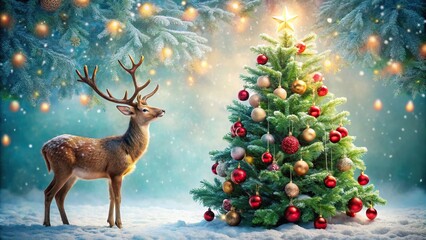 Reindeer decorates a Christmas tree in a festive holiday setting, Reindeer, Christmas tree, decoration, holiday, celebration