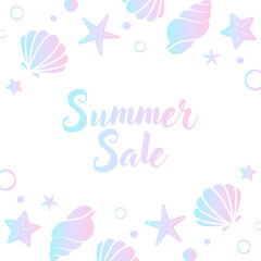 summer vector background with colorful seashells and starfish for banners, cards, flyers, social media wallpapers, etc.