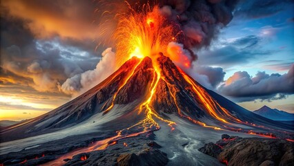 Volcano erupting with lava flowing down its slopes, volcano, eruption, lava flow