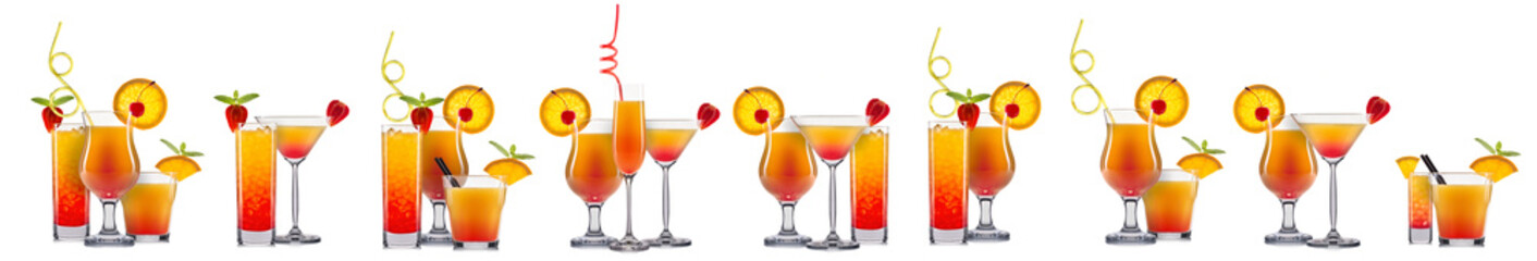 Set of orange cocktails with decoration from fruits isolated on white background