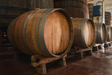 Wooden Barrels in a Winery Cellar