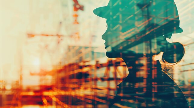 Engineer inspecting a construction site close up, focus on, copy space vivid and dynamic hues Double exposure silhouette with construction site