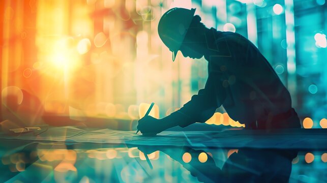 Engineer working on a blueprint close up, focus on, copy space vibrant and precise colors Double exposure silhouette with blueprint