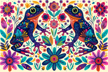Fototapeta premium floral exotic and surreal wallpaper with blue frogs, contrast dark colors illustration 