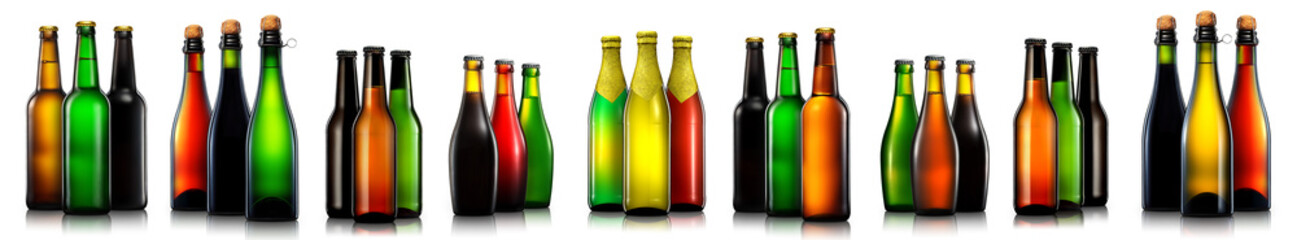 Set of beer, wine and champagne bottles isolated on white background