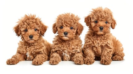 Fototapeta premium Three cute toy poodle puppies on a white background. accessory on white background. 