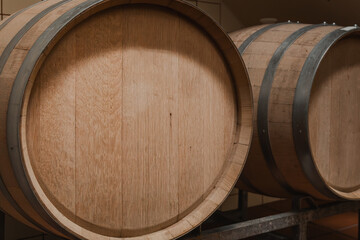 Wooden Barrels in a Winery Cellar