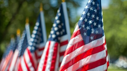 Row of USA flags, template for national holidays in United states of America