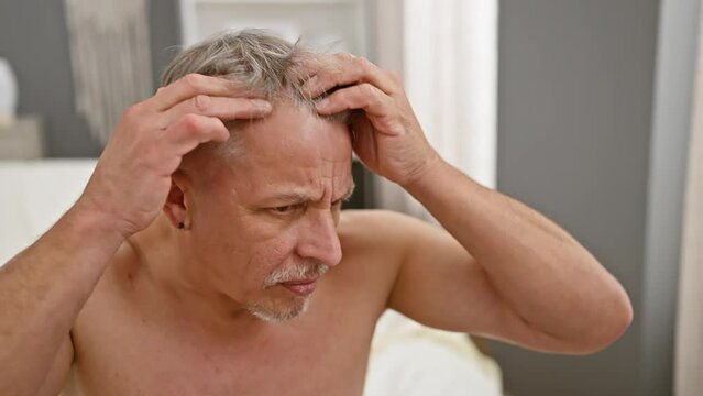 A pensive senior man with grey hair sits shirtless in a bedroom, hand on head, exuding worry or contemplation.